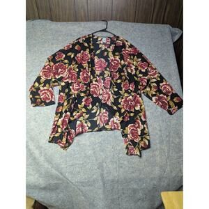 Catherines Kimono Women 4X Black Floral Lightweight Rayon Long Sleeve Duster